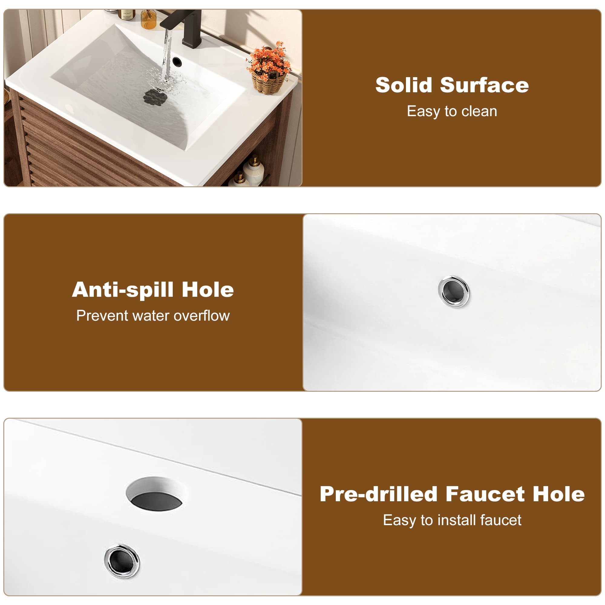 24" Bathroom Vanity Combo with Ceramic Sink & Faucet, Modern Light Oak Single Vanity Set with Fluted Door, Over-the-Door Storage Bthroom Cabinet with 2-Tier Side Shelves for Small Space