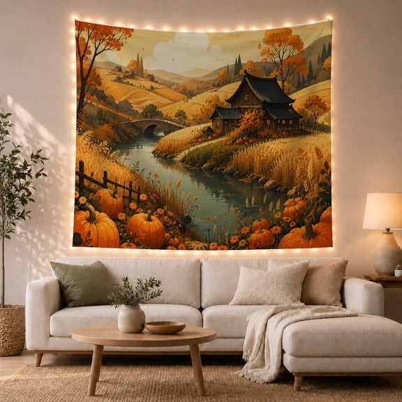Pumpkins on Riverbank with Rustic House and Rolling Hills, Nostalgic Illustration for Nature Lovers, Autumn Wall Art, Thanksgiving Gift, Tapestry Wall Hanging for Bedroom and Dorm