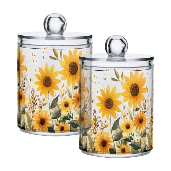 Yayeee 2 Pack Qtip Holder Bathroom Cotton Swab Canister with Lid Clear Dispenser Set, Beige Sunflowers