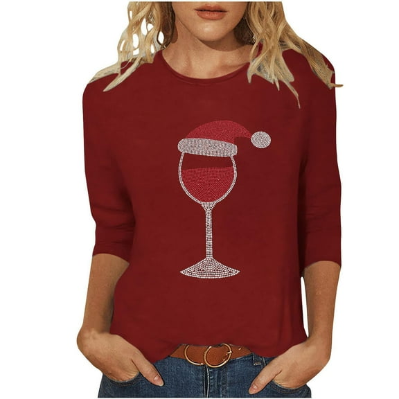GERsome Christmas Shirts Womens Plus Size Christmas Tshirts 3/4 Length Sleeve Xmas Pullover Tops Funny Christmas Red Wine Glass Graphic Tee Size S
