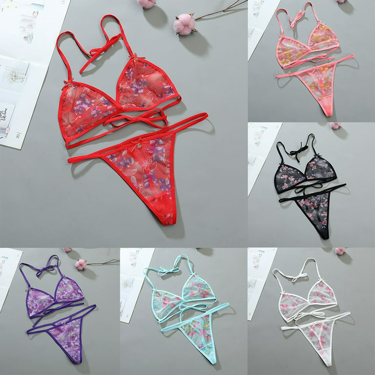 MYG Women Sexy Lace Sheer Bra Set Ultra-thin Lingerie G-String Thong Night  Underwear