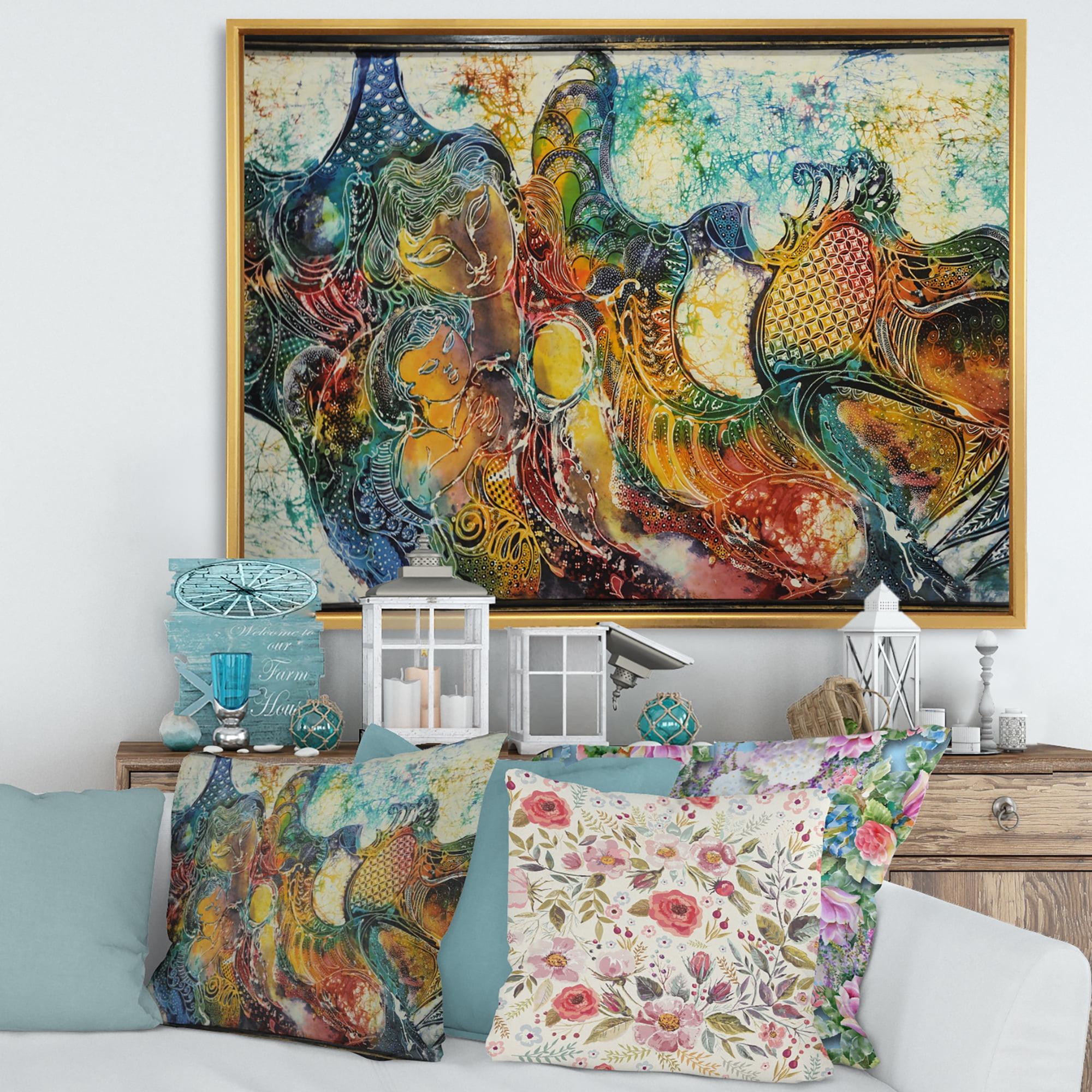 Designart 'Child With Mother With Batik' Modern Framed Canvas Wall Art Print