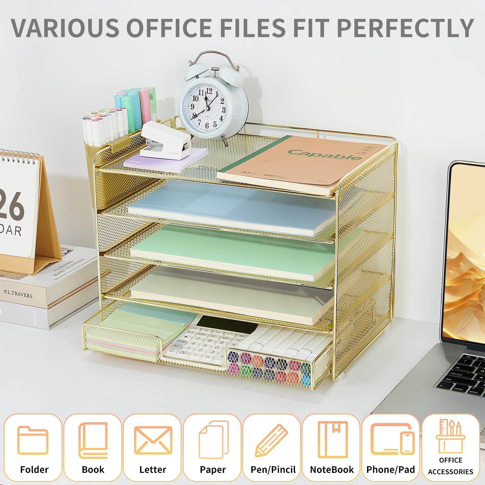 Desk Organizers And Accessories  5-tier Paper Letter Tray Organizer With Drawer & 2 Pen Holders Desktop For Office Supplies (gold)
