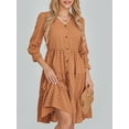 thumbnail image 3 of Women's Summer A-Line Dress Swiss Dot Long Sleeve V-Neck Front Button High Waist Knee Length Dress, 3 of 10