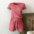 thumbnail image 5 of DYTTDG Women's Silk Short Sleeve Pajama Set | 2-Piece Ruffle Hem Top & Drawstring Shorts with Side Pocket, Solid Color Loungewear for Summer, 5 of 7