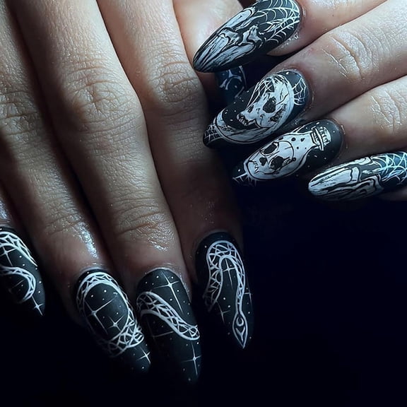 Halloween Press on Nails Medium Almond Fake Nails Full Cover Nightmare Nails Christmas Nails Spider Web False Nails Matte Glue on Nails Artificial Acrylic Nails for Women Girls 24 Pcs Halloween