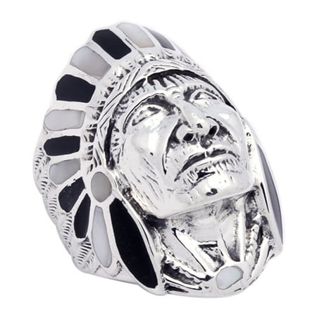 Dot Mother Of Pearl Ring - Sterling Silver Black Onyx White Mother-of-Pearl Alternate Indian Head Chief Ring 35mm Big