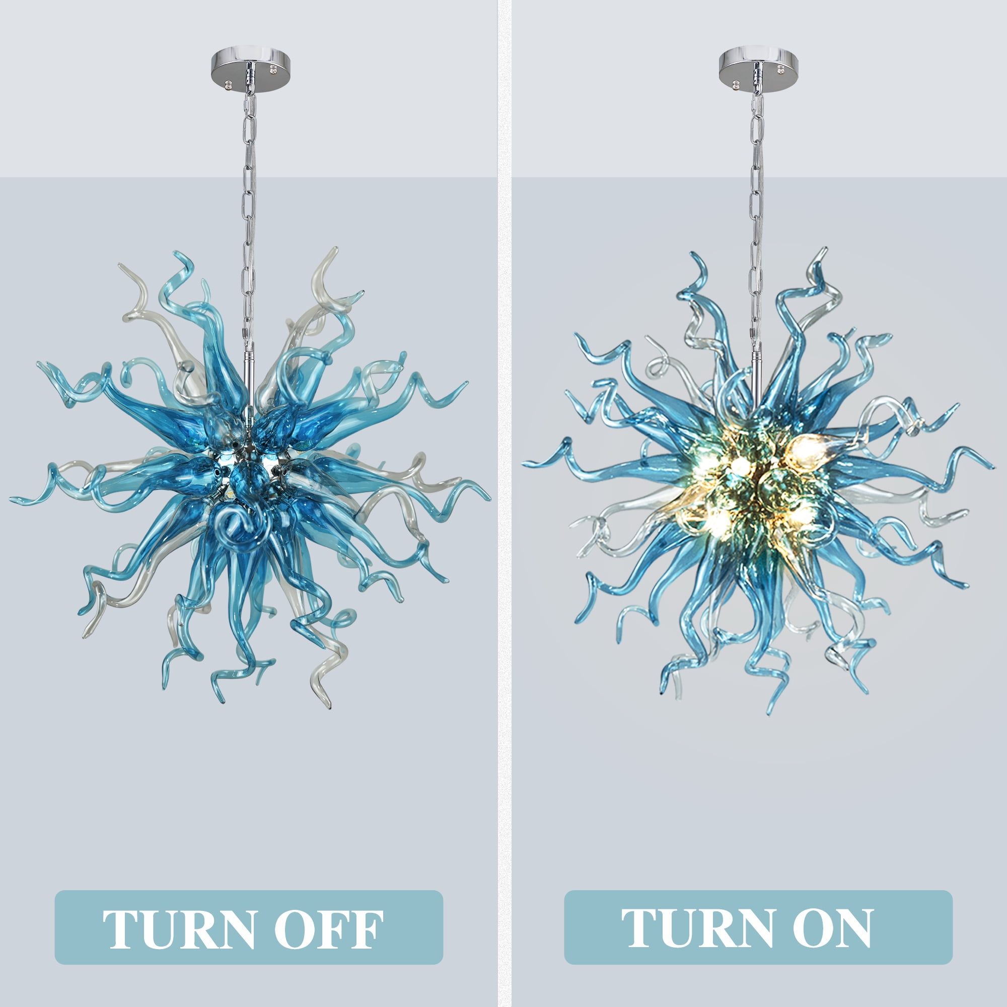 Longree Modern Adjustable Height 6-Light LED Chandelier, Blue Blown Glass Pendant Lights-28"Dia
