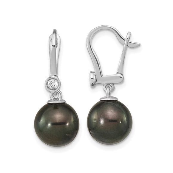 14K White Gold Black Saltwater Tahitian Dangle Pearl Earrings (9-10mm)
