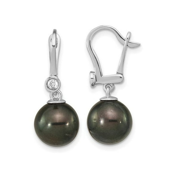 14K White Gold Black Saltwater Tahitian Dangle Pearl Earrings (9-10mm)