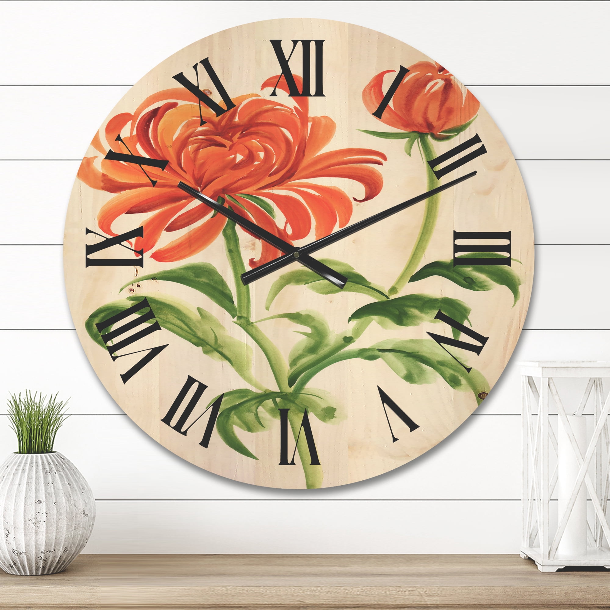Designart 'Ancient Orange Chrysanthemum Flower' Traditional Wood Wall Clock