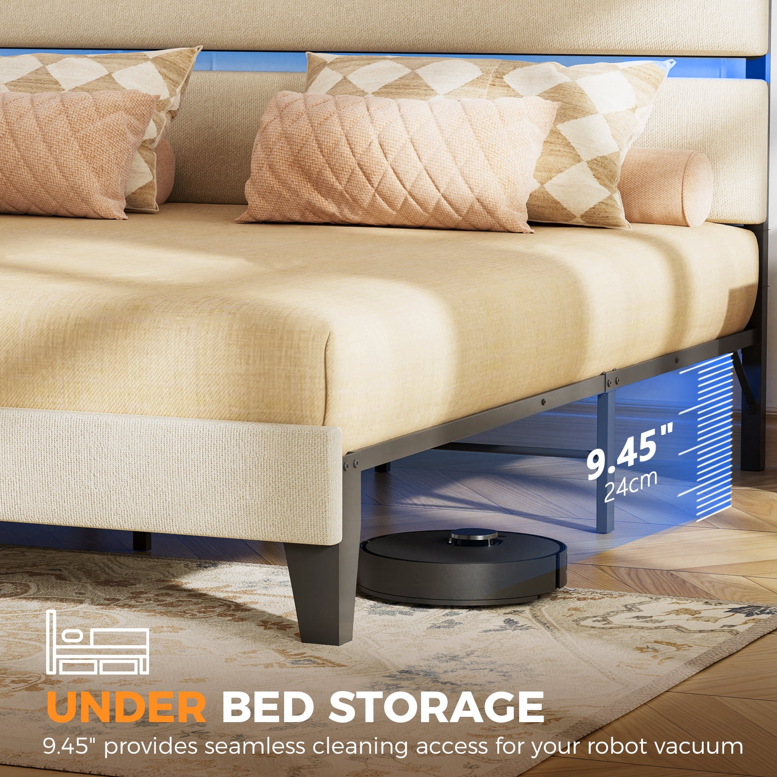 LUCKLIFE Queen Metal Bed Frame with Fabric Upholstered Headboard, No Box Spring Needed Noise Free, Beige