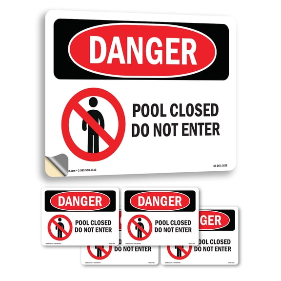 Pool Closed Do Not Enter OSHA Danger Vinyl Decal Label 14 Inch x 10 Inch - 5 Pack