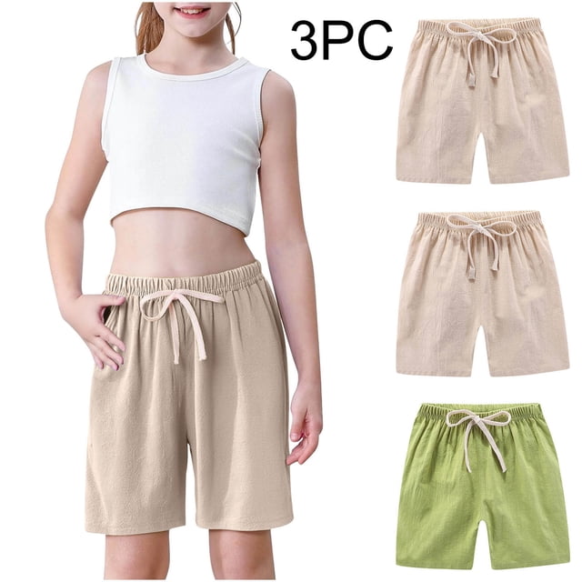 Odeerbi 2-10 Años Niños Niñas 3 Pcs Verano Algodón Lino Pantalones Cortos Entrenamiento Deportivos Cortos Lindo Color Sólido Pantalones Cortos Suaves Respirables