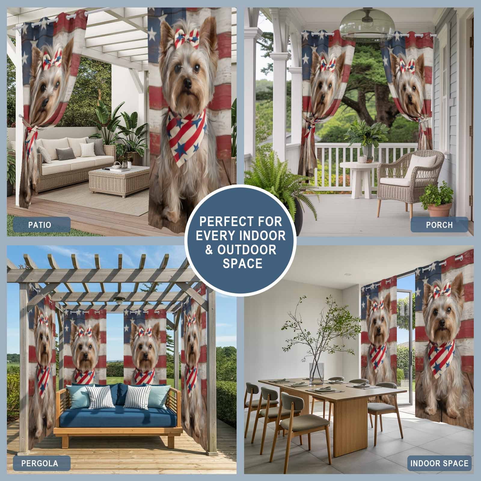 Patriotic Yorkshire Terrier Outdoor Curtains for Patio, Independence Day American Flag Sunshade Privacy Drapes Grommet Waterproof Outside Curtains for Porch/Cabana/Balcony 54"x 108", 1 Panel