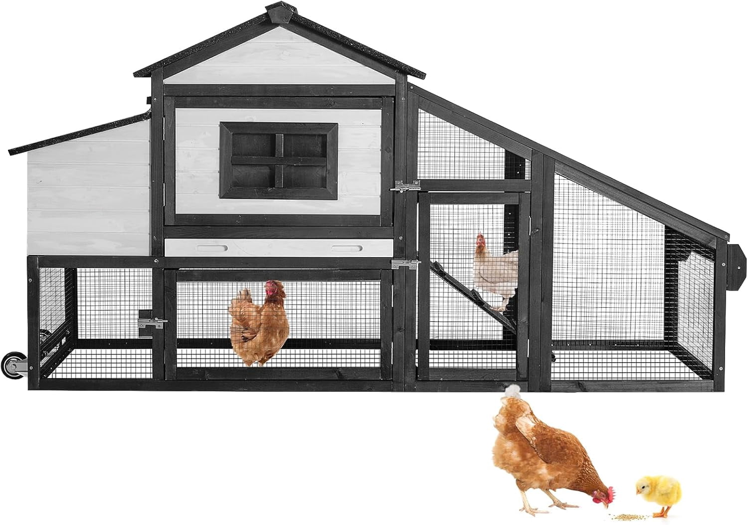MEDEHOO Chicken Coop, Mobile Chicken House with with Wheels, Outdoor Hen House Poultry Cage with Nesting Box, Leakproof Pull Out Tray and UV-Resistant Roof,Rabbit Hutch Duck Coop (Black)