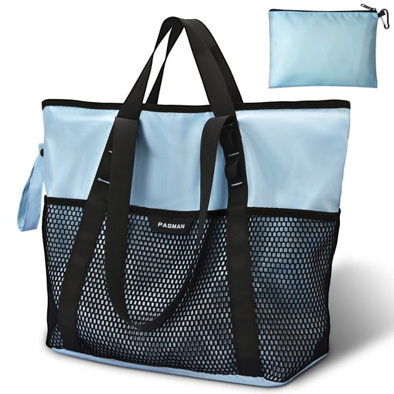 PASMAN Large Beach Bag with Zipper - 8 Pockets Sandproof Beach Tote Bag for Women,Foldable Lightweight Family Swim Bag Vacation