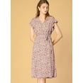 thumbnail image 3 of Unique Bargains Women's V Neck Floral Ruffle Trim Cuff  Wrap Midi Dress, 3 of 6