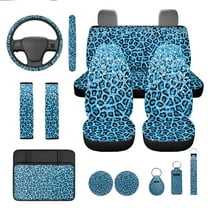 Yuyamidu Blue Leopard Print Auto Seat Cover Full Set 13 PCS Car Accessories Set with Steering Wheel Cover Armrest Cover Seatbelt Shoulder Pad Cup Mat Key Ring