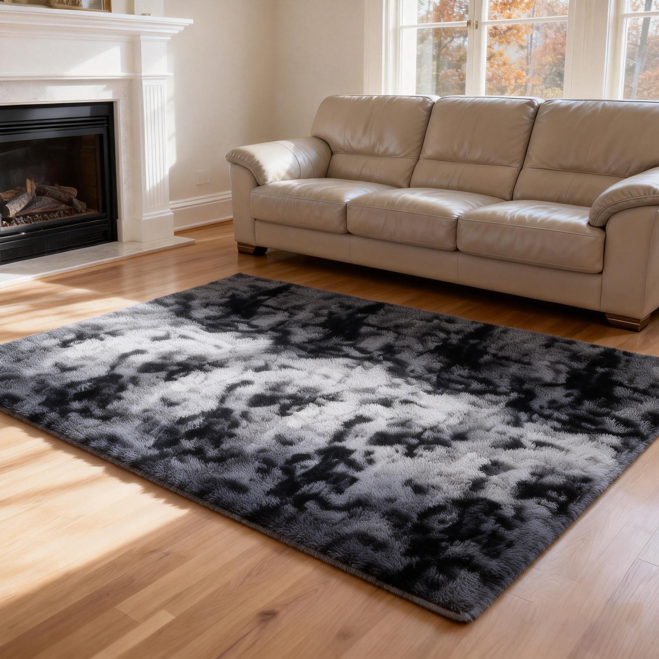 Area Rugs for Living Room Bedroom, 4'x6' Soft Fluffy Shag Indoor Floor Carpet for Living Room Bedroom Dining Room Office Home Decor, Tie-dye Dark Gray