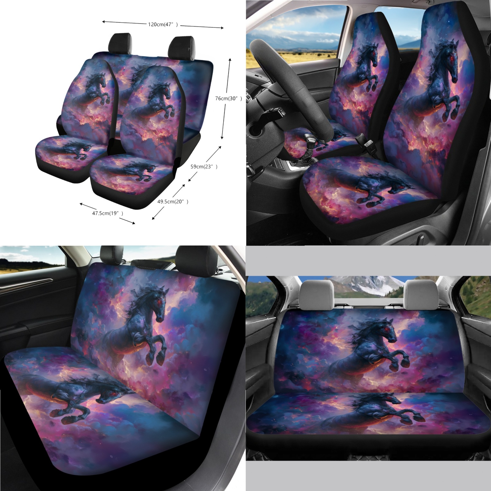 Renewold Black Horse Galaxy Car Seat Cover Full Set 14 Pack, with Steering Wheel Seat Belt Rear View Mirror Center Console Trash Can Coaster Gear Shift Knob Cover Set Universal Fit for Most Vehicles