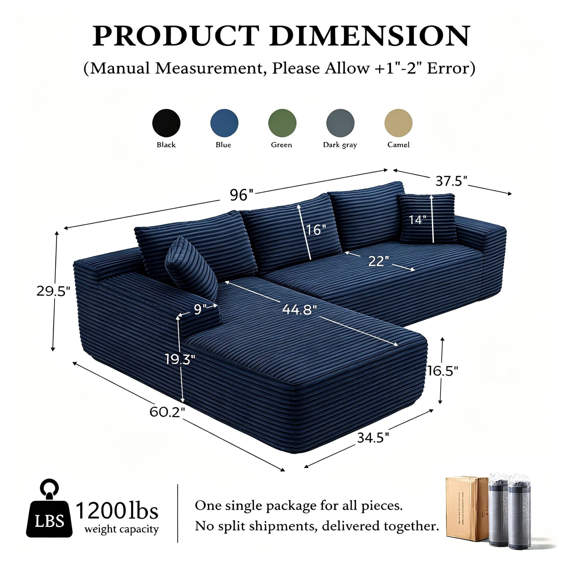 Aukfa 96" Cloud Sectional Sofa Deep Seat Boneless Couch Modular L-Shaped Couch, Left Chaise Corduroy Sofa for Living Room, Blue