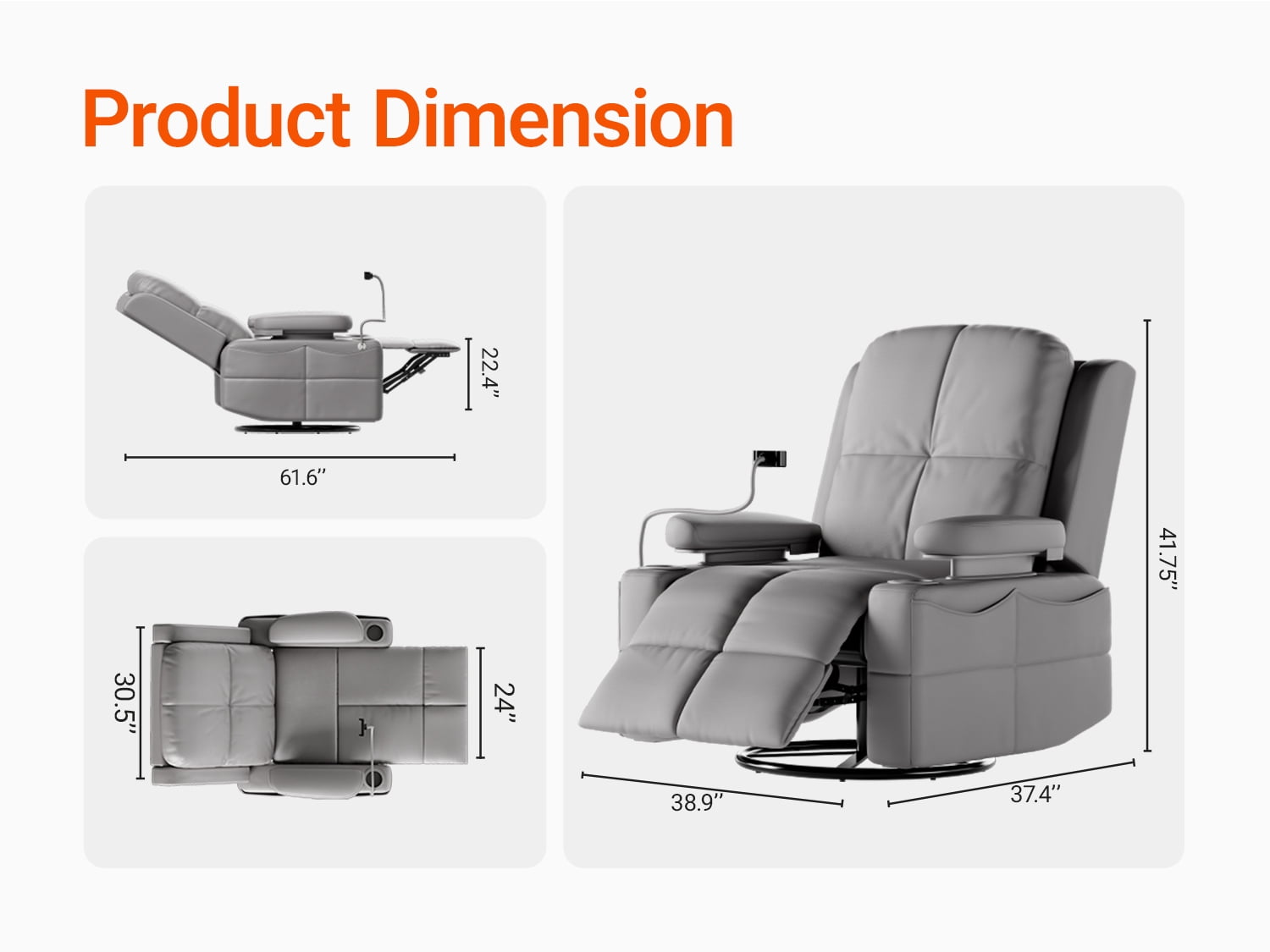 MAMAZING Nursery Rocking Chair Swivel Glider Oversized Recliner with Pockets Electric Power Baby Nursing Chair Gray