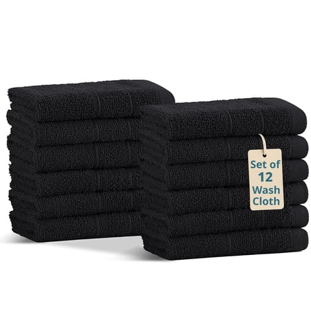 Casa Platino Washcloths 12 Pack Luxury Soft and Quick Dry Bathroom Washcloths 13 x13 Black Wash Cloths - Black