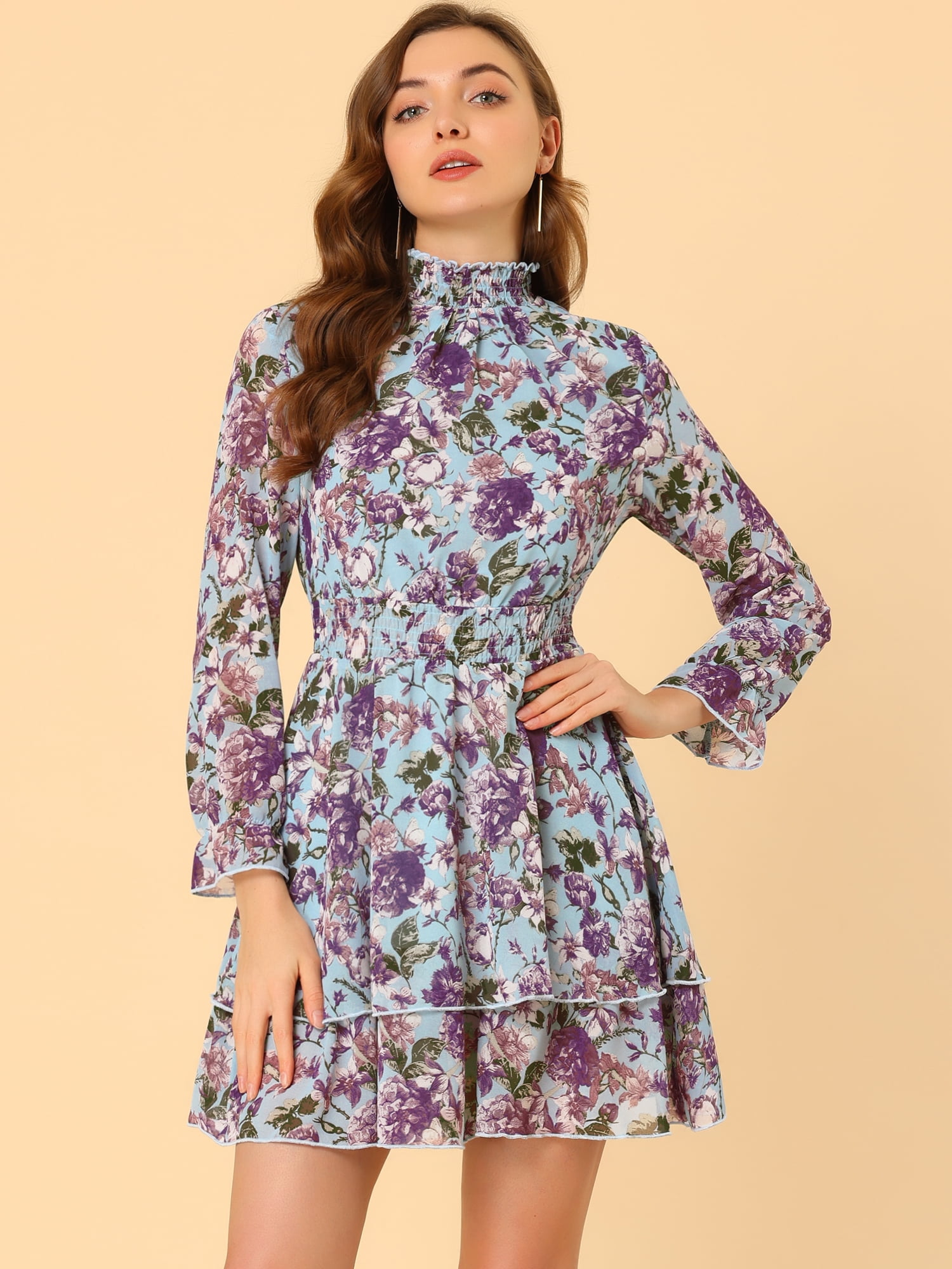 DARING DIVA Floral Ruffle Trim Layered Dresses M Blue