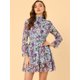 thumbnail image 3 of Vestido floral de gasa de manga larga con cuello simulado, volantes en capas, minivestidos con cintura de bata transparente Azul M, 3 of 5