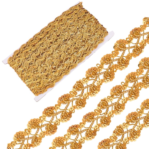 14.22 Yards 1.1 Inch Gold Sequin Ribbon Trim Metallic Gimp Woven Braid Lace Fabric Trimming Glitter Flat Sequins Beaded Strip Bulk