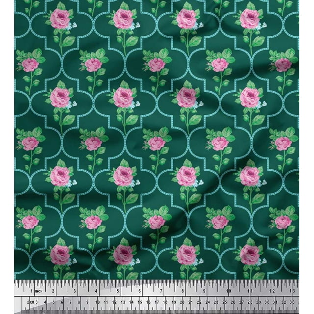 Soimoi Poly Georgette Tissu Quadrillé Design, Feuilles & Imprimé Floral Rose par Yard 52 Pouces de Large