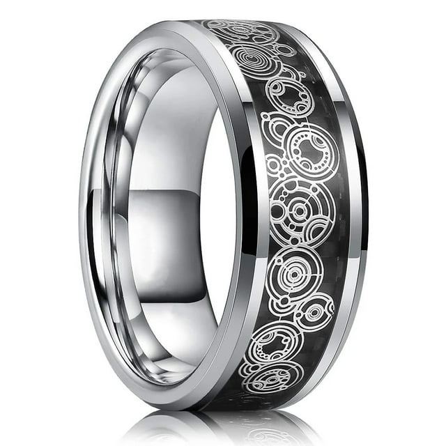 Fashion 8mm Unique Pattern Men Black Titanium Stainless Steel Ring Inlay Blue Carbon Fiber Stainless Steel Wedding Rings For Men Silver Color 13