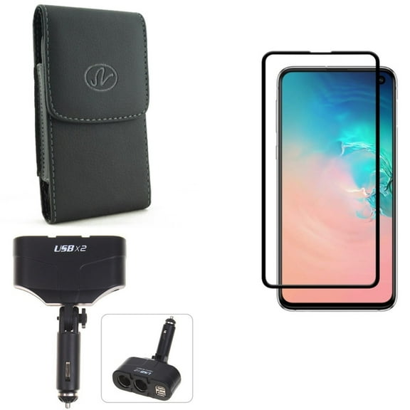 Galaxy S10e Car Charger Splitter w Case Belt Clip w Screen Protector - DC Socket 2-Port USB Power, Leather Holster Cover, Tempered Glass 5D Curved Edge for Samsung Galaxy S10e Phone