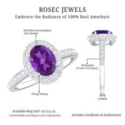 Rosec Jewels Oval Shape Amethyst Ring with Moissanite Halo for Women - 1 Carat - AAA Grade, 14K White Gold, US 5.50