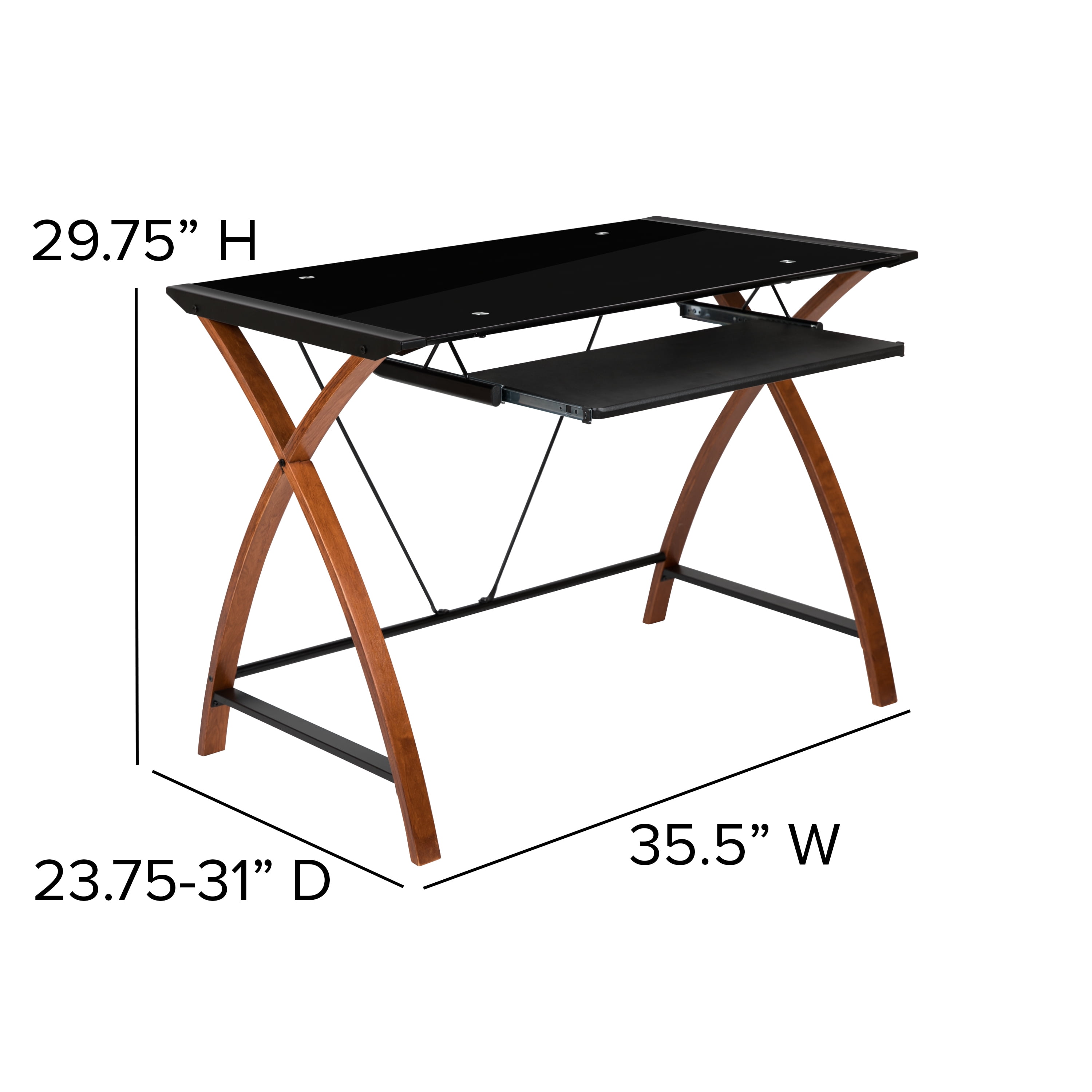 Emma + Oliver Black Glass Computer Desk with Pull-Out Keyboard Tray and Crisscross Frame