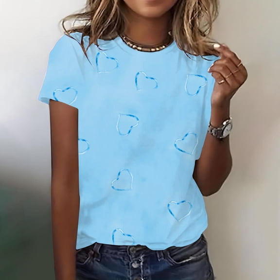 Womens Short Sleeve Tops Women's Spring/Summer Round Neck Love Printed Loose Casual Short Sleeve T Shirt Tops for Women
