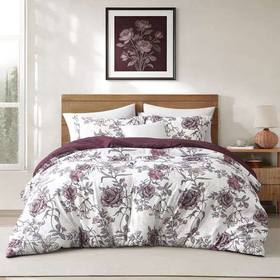 Nanshing Home 3 Piece Queen Comforter Set, Grey Purple Vintage Floral Printed Bedding Set, Soft Microfiber Comforter with Pillow Shams, Lightweight All Season Bedspread