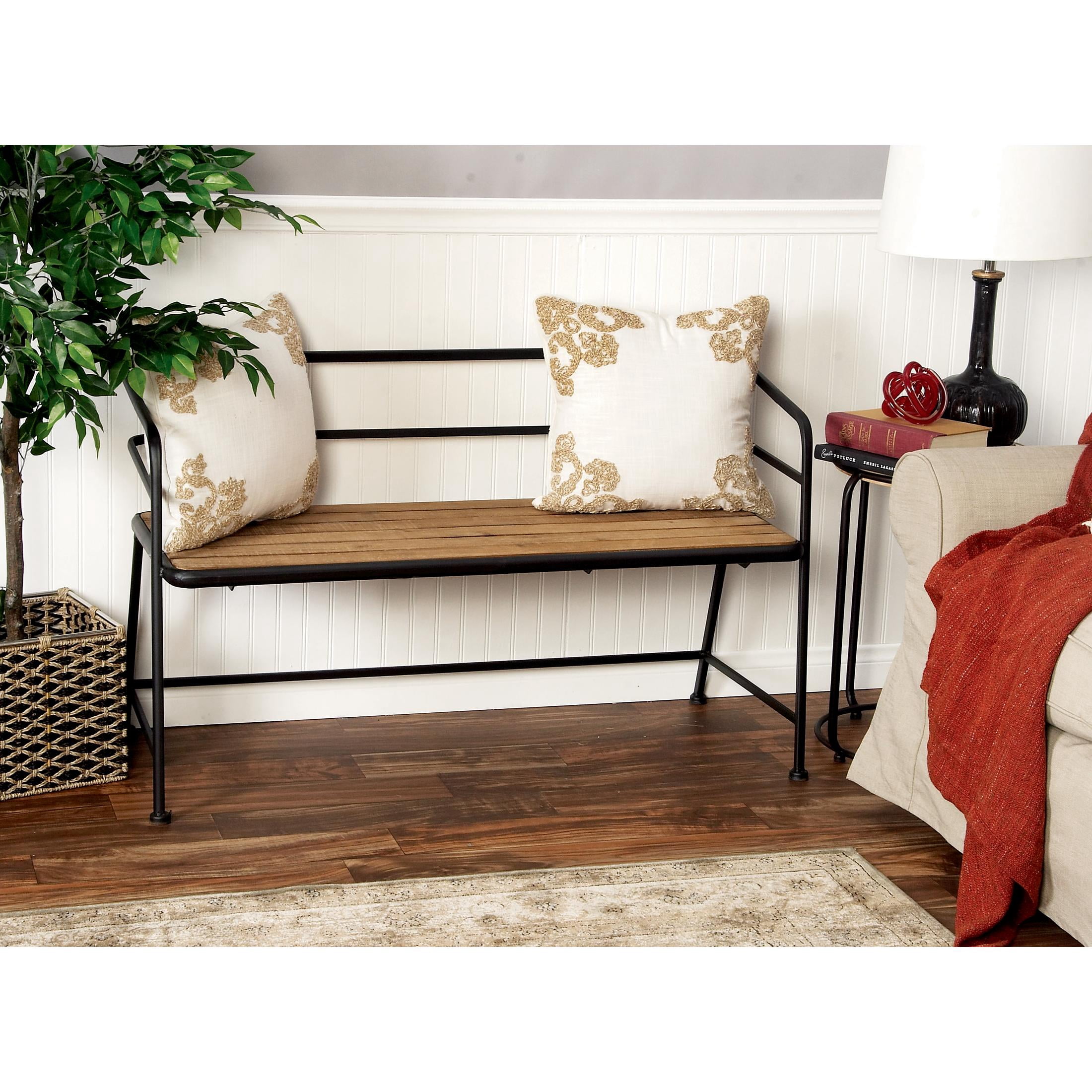 DecMode Metal Bench with Brown Wood Seat, Black