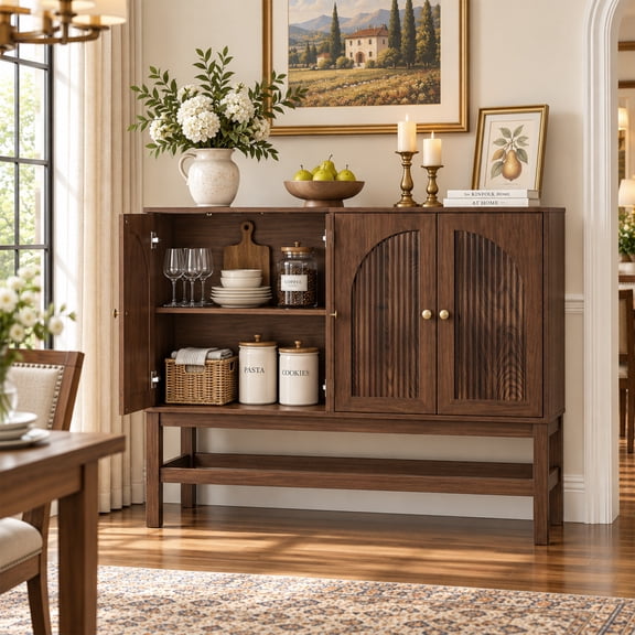 HMstone Fluted Buffet Cabinet with Storage, 47.2’’W Wooden Sideboard Storage Cabinet with Adjustable Shelf, Modern Accent Cabinet for Dining, Kitchen and Living Room, Walnut