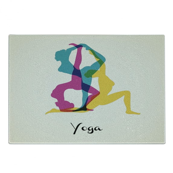Yoga Cutting Board, Different Yoga Poses Energetic Female in Motion Pilates Human Health Well Being, Decorative Tempered Glass Cutting and Serving Board, Small Size, Pink Yellow Teal, by Ambesonne