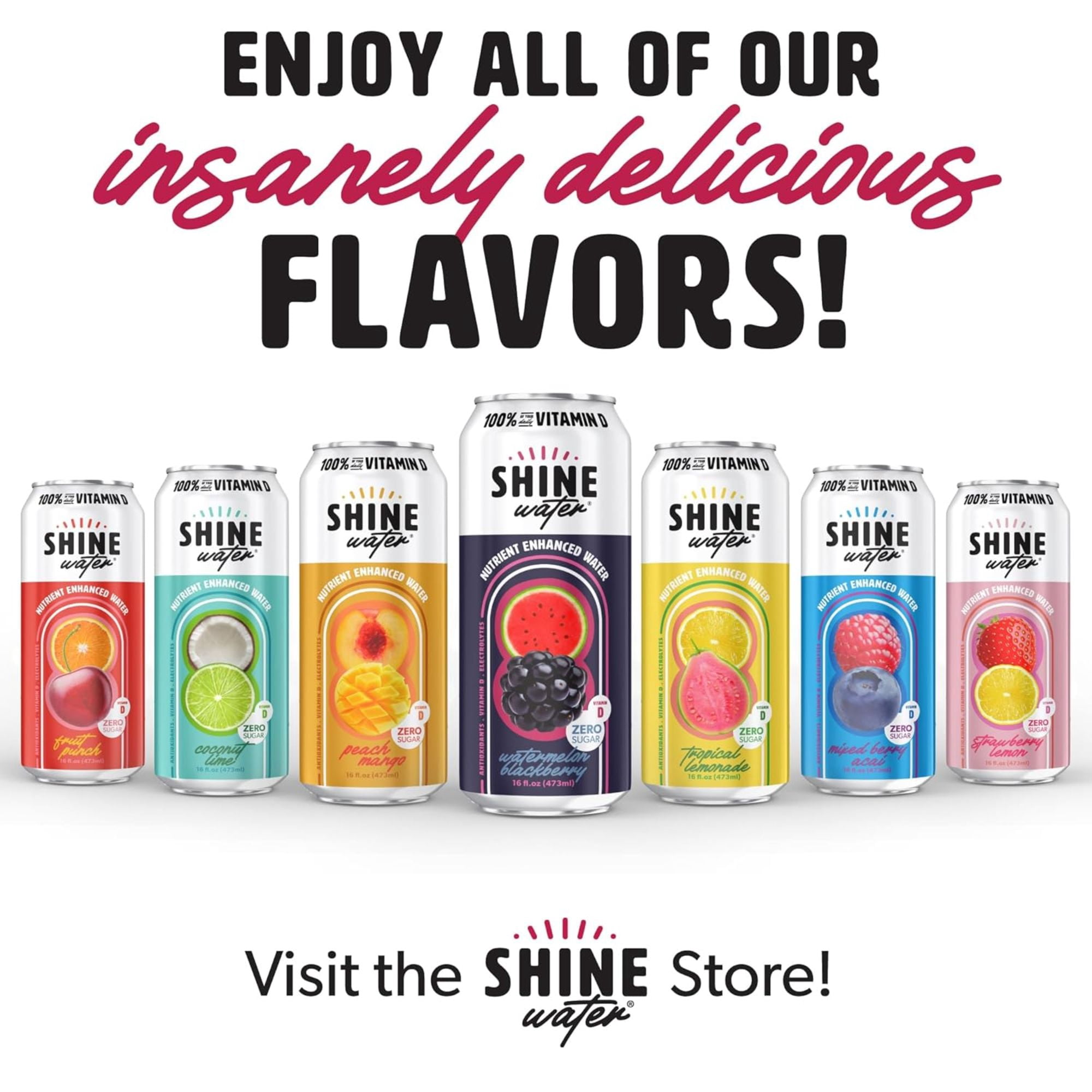 Shine Water Watermelon Blackberry Vitamin D Electrolyte Drinks 12-Pack, Sugar Free Flavored Water with Magnesium, Zinc & Antioxidants, Low Calorie