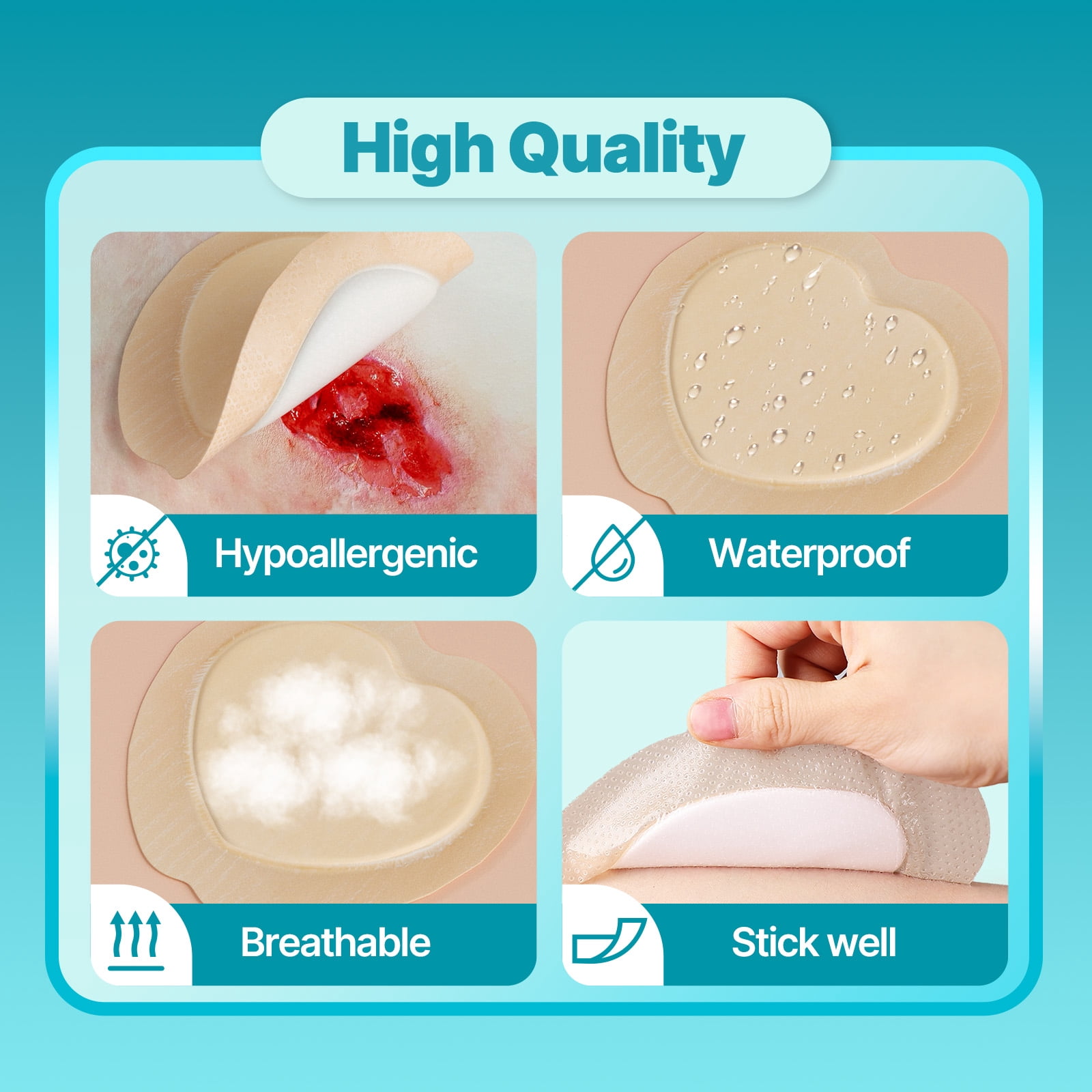 Dimora Waterproof Silicone Sacrum Foam Wound Dressing with Border, 7" x 7" Sacral & Coccyx Bandages for Pressure Relief and Bed Sore Care, 5 Pack