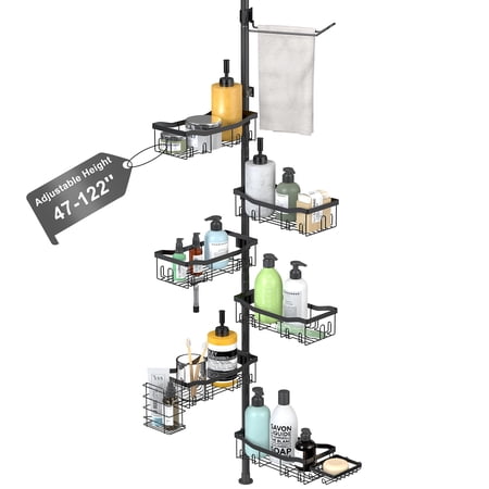 Shower Corner 6 Tier Tension Pole Rod Bathroom Organizer Shelves Adjustable Bathtub Shampoo Stand Rack With Towel 2 Holders For Inside Storage Floor To Ceiling 47-122 Inch Black