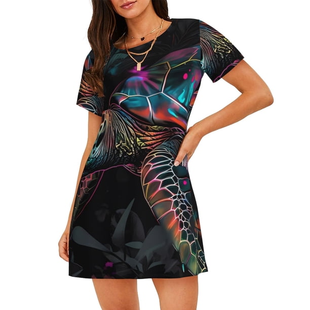 Disketp Colorful Plant Turtle A para Camisón Corto de Manga Corta para Mujeres, Camisón Cómodo con Escote Redondo, Bonito y Confortable