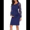 thumbnail image 2 of Vestido Midi de Maternidad de Larga con Floral, Vestido Ajustado de Otoño para Baby Shower o Sesión de Fotos. Azul Oscuro XXL, 2 of 9