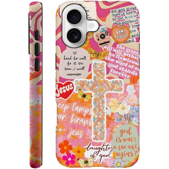 Case Compatible with iPhone 17,Durable Shock Protection Cover for Girl Women,Bible Cross Flower Collage Orange