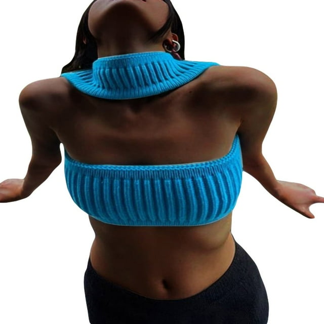 Women Summer Knitted Holllow Out Tube Crop Tops Strapless Backless Slim Fit Halter Tank Y2K Gothic Vest Black M