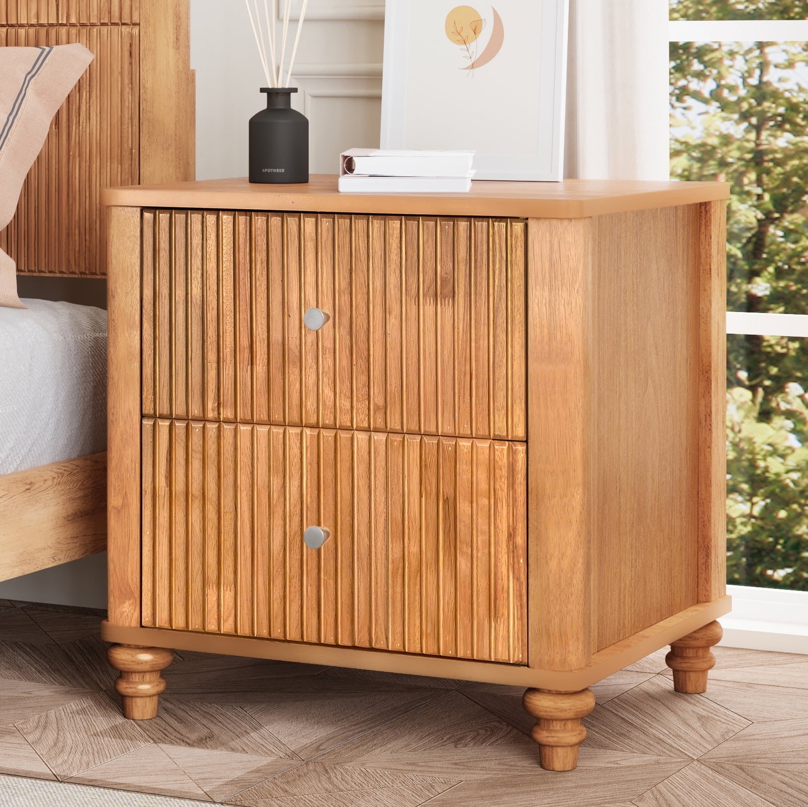 Fluted Nightstand, 21.65" Wide Side Table with 3 Drawers, Mid Century Modern Wood NightStand with Metal Handle, Wooden Bedside End Table for Bedroom, Living Room, Closet, Natural