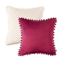Phantoscope Christmas holiday Decorative Throw Pillow Set, Pom Pom Velvet Series Covers, 20" x 20", Red and Off White, 2 Pack